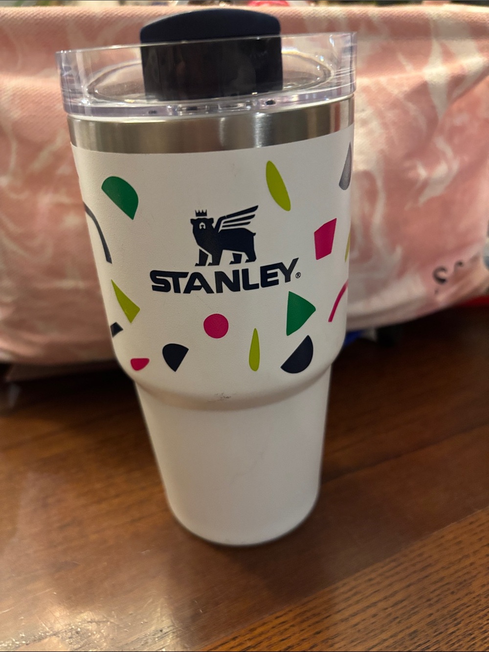 Stanley White Travel Tumbler with Navy Logo and Multicolor Confetti